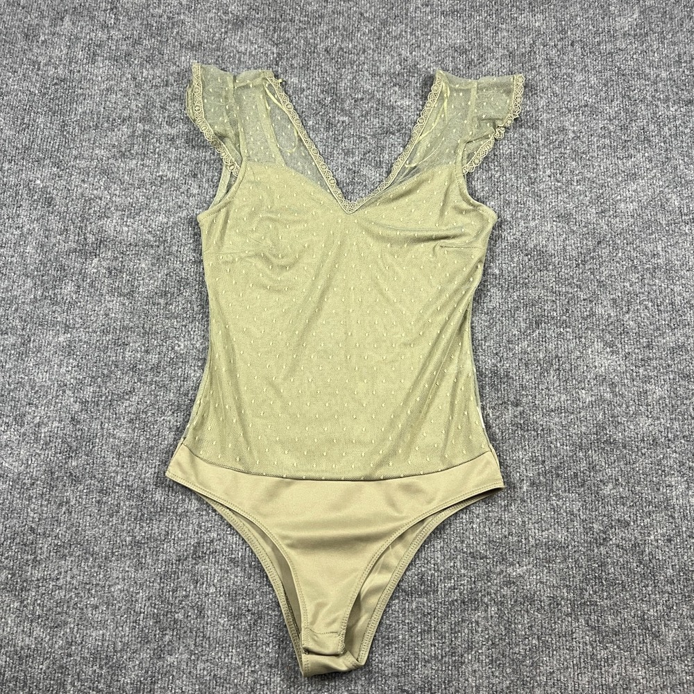 Ambiance Bodysuit One Piece Womens Medium Olive Green Lace Detail V Neck Ruffle